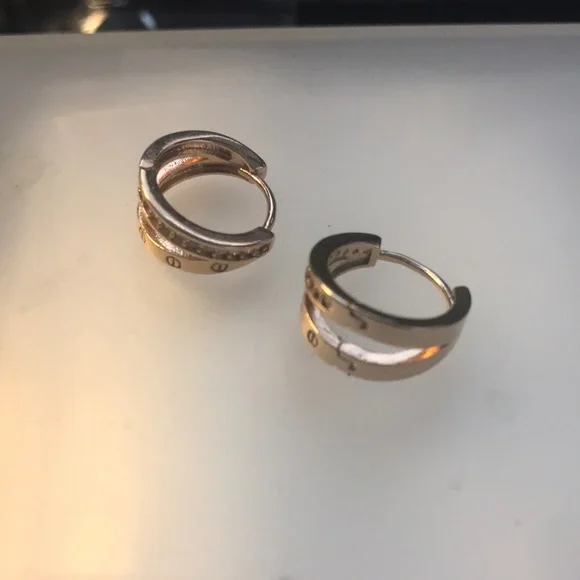 Korean Rose Gold Rhinestone Hoop Earrings - Picture 2 of 3
